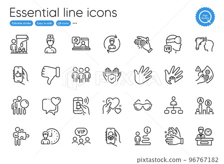 Dislike hand, Clapping hands and Dirty mask line icons. Collection of Wash hands, Like app, Ab testing icons. Social responsibility, Working hours, Delivery app web elements. Heart. Vector 96767182