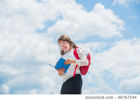 Back to school. Little child going to school. Knowledge day. Outdoors classes. Successful schoolgirl. Your chance for successful future. Free education. Happy girl with school backpack sky background Back to school. Little child going to school. Knowledge day. Outdoors classes. Successful schoolgirl. Your chance for successful future. Free education. Happy girl with school backpack sky background 96767294