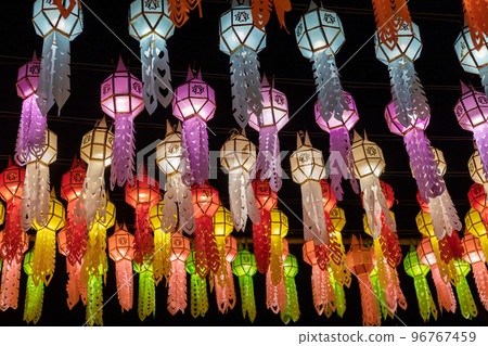 colorful hanging lanterns lighting on night sky in loy krathong festival at northern of thailand colorful hanging lanterns lighting on night sky in loy krathong festival at northern of thailand 96767459