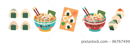 Ramen onigiri vector set. Onigiri ramen set on white background. Onigiri mascot. Ramen onigiri vector set. Onigiri ramen set on white background. Onigiri mascot. 96767499