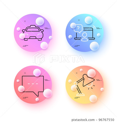 Table lamp, Taxi and Online question minimal line icons. 3d spheres or balls buttons. Blog icons. For web, application, printing. Bedside lamp, Passengers transport, Remote work. Chat message. Vector Table lamp, Taxi and Online question minimal line icons. 3d spheres or balls buttons. Blog icons. For web, application, printing. Bedside lamp, Passengers transport, Remote work. Chat message. Vector 96767550