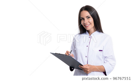 doctor noting anamnesis isolated on white background, copy space. doctor with anamnesis in studio 96767551