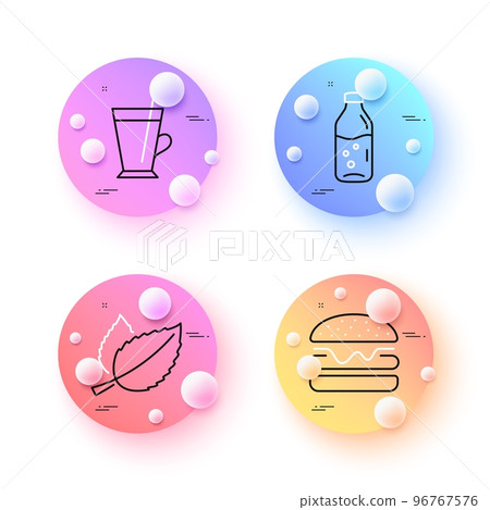 Mint leaves, Burger and Water bottle minimal line icons. 3d spheres or balls buttons. Coffee cup icons. For web, application, printing. Mentha herbal, Hamburger food, Soda drink. Latte drink. Vector 96767576