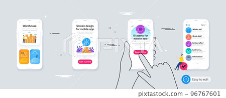 Outline set of Energy growing, Refund commission and Online documentation line icons for web application. Phone ui interface. Include Women group, Serum oil, Hold box icons. Vector Outline set of Energy growing, Refund commission and Online documentation line icons for web application. Phone ui interface. Include Women group, Serum oil, Hold box icons. Vector 96767601