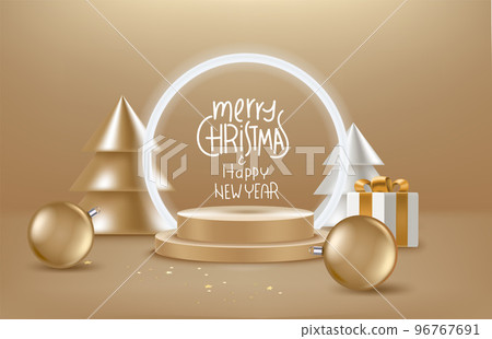 Christmas greeting card with lettering inscription and golden baubles and pines. 3d vector greeting card 96767691