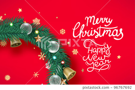 Christmas wreath with calligraphic inscription. Merry Christmas and Happy new year card 96767692
