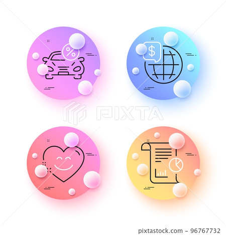 Smile chat, Report and Car leasing minimal line icons. 3d spheres or balls buttons. World money icons. For web, application, printing. Heart face, Work analysis, Transport discount. Vector Smile chat, Report and Car leasing minimal line icons. 3d spheres or balls buttons. World money icons. For web, application, printing. Heart face, Work analysis, Transport discount. Vector 96767732