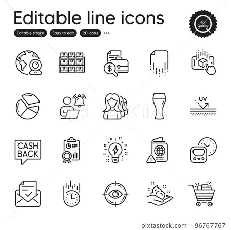 Set of Business outline icons. Contains icons as Pie chart, Metro and Shopping cart elements. Beer glass, Augmented reality, Eye target web signs. Money transfer, Boxes shelf. Vector Set of Business outline icons. Contains icons as Pie chart, Metro and Shopping cart elements. Beer glass, Augmented reality, Eye target web signs. Money transfer, Boxes shelf. Vector 96767767