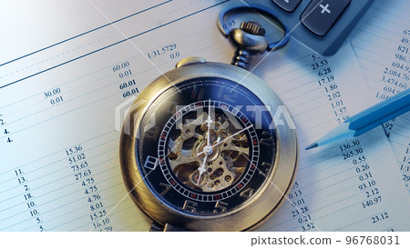 Pocket watch, operating budget, calculator and pencil 96768031
