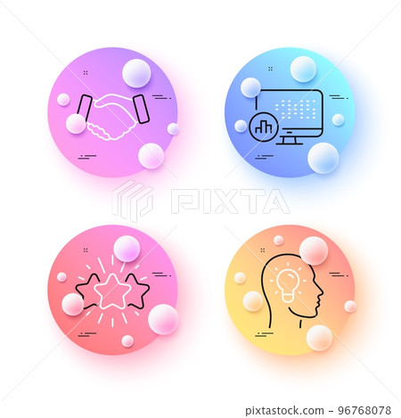 Handshake, Star and Report statistics minimal line icons. 3d spheres or balls buttons. Idea head icons. For web, application, printing. Deal hand, Customer feedback, Graph chart. Lightbulb. Vector Handshake, Star and Report statistics minimal line icons. 3d spheres or balls buttons. Idea head icons. For web, application, printing. Deal hand, Customer feedback, Graph chart. Lightbulb. Vector 96768078