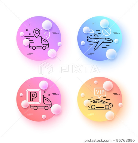 Vip transfer, Cancel flight and Truck parking minimal line icons. 3d spheres or balls buttons. Express delivery icons. For web, application, printing. Vector 96768090