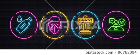 Attraction, Water bottle and Medical mask minimal line icons. Neon laser 3d lights. Job interview icons. For web, application, printing. Free fall, Still drink, Protection glasses. Vector 96768094