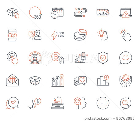 Technology icons set. Included icon as Star, Touchpoint and Hold box web elements. Pie chart, Repairman, Search icons. 360 degrees, Open box, Bitcoin pay web signs. Smile chat. Vector 96768095