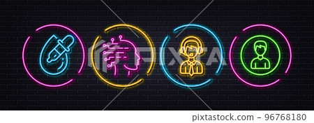 Eye drops, Shipping support and Artificial intelligence minimal line icons. Neon laser 3d lights. Person icons. For web, application, printing. Pipette, Delivery manager, Mind intellect. Vector 96768180
