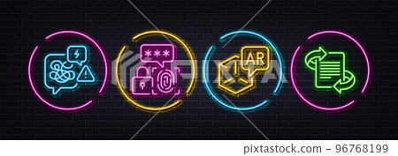 Stress, Augmented reality and Biometric security minimal line icons. Neon laser 3d lights. Marketing icons. For web, application, printing. Messy anxiety, Virtual reality, Fingerprint secure. Vector Stress, Augmented reality and Biometric security minimal line icons. Neon laser 3d lights. Marketing icons. For web, application, printing. Messy anxiety, Virtual reality, Fingerprint secure. Vector 96768199