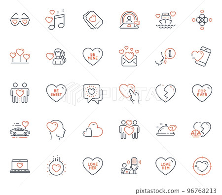 Love icons set. Included icon as Broken heart, Heart target and Friends couple web elements. Honeymoon travel, Love mail, Inclusion icons. Love him, Lgbt, Friends chat web signs. Friend. Vector 96768213