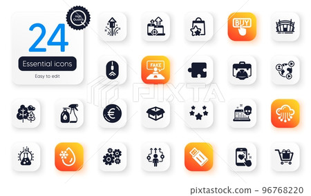 Set of Business flat icons. Euro money, Freezing water and Loyalty points elements for web application. Video conference, Puzzle, Cyber attack icons. Fake review, Tree. Vector 96768220