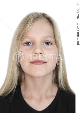 Close-up shoulder photo for ID identification card of little cute 10 years caucasian beautiful blonde girl isolated on white background. Female kid person identity card passport document portrait Close-up shoulder photo for ID identification card of little cute 10 years caucasian beautiful blonde girl isolated on white background. Female kid person identity card passport document portrait 96768227