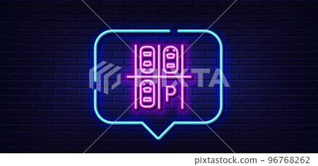 Neon light speech bubble. Parking place line icon. Car park sign. Transport symbol. Neon light background. Parking place glow line. Brick wall banner. Vector 96768262