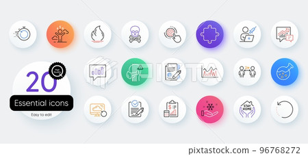 Simple set of Medical mask, Chemical hazard and Recovery cloud line icons. Include Puzzle, Report, Cogwheel settings icons. Fire energy, Recovery data, Rfp web elements. Analytical chat. Vector Simple set of Medical mask, Chemical hazard and Recovery cloud line icons. Include Puzzle, Report, Cogwheel settings icons. Fire energy, Recovery data, Rfp web elements. Analytical chat. Vector 96768272