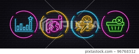 Efficacy, Translation service and Flight time minimal line icons. Neon laser 3d lights. Delete purchase icons. For web, application, printing. Business chart, Business document, Airplane clock. Vector 96768312