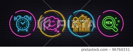 Smile chat, Business statistics and Alarm clock minimal line icons. Neon laser 3d lights. New products icons. For web, application, printing. Happy face, Working report, Time. Search. Vector 96768331