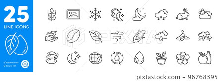 Outline icons set. Night weather, Sleep and Mineral oil icons. Apple, Windy weather, Slow fashion web elements. Coffee beans, Environment day, Refill water signs. Photo, Corn, Leaf dew. Vector 96768395