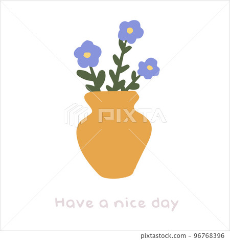 Hand-drawn isolated clip art illustration of cozy yellow vase with blue flowers 96768396