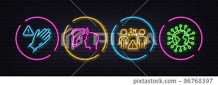 Electronic thermometer, Social distance and Use gloves minimal line icons. Neon laser 3d lights. Coronavirus icons. For web, application, printing. Vector Electronic thermometer, Social distance and Use gloves minimal line icons. Neon laser 3d lights. Coronavirus icons. For web, application, printing. Vector 96768397