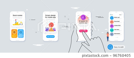 Customer satisfaction, Share and T-shirt minimal line icons. Phone ui interface. Green electricity, Parcel tracking, Recovery data icons. Lift, Security lock, Video conference web elements. Vector 96768405