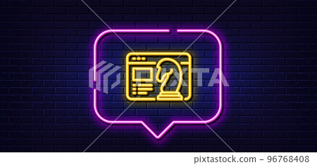 Neon light speech bubble. Seo strategy line icon. Search engine optimization sign. Analytics chess symbol. Neon light background. Seo strategy glow line. Brick wall banner. Vector 96768408