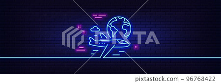 Neon light glow effect. Global travel line icon. International flight sign. Online trip symbol. 3d line neon glow icon. Brick wall banner. International flight outline. Vector Neon light glow effect. Global travel line icon. International flight sign. Online trip symbol. 3d line neon glow icon. Brick wall banner. International flight outline. Vector 96768422