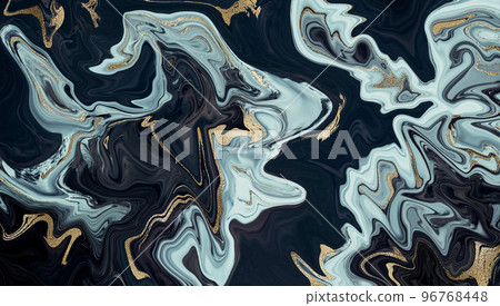 Luxury marble abstract acrylic background. Close up of black, turquoise and shiny golden alcohol ink texture. Trendy horizontal wallpaper. Agate texture background. Modern liquid marble pattern 96768448