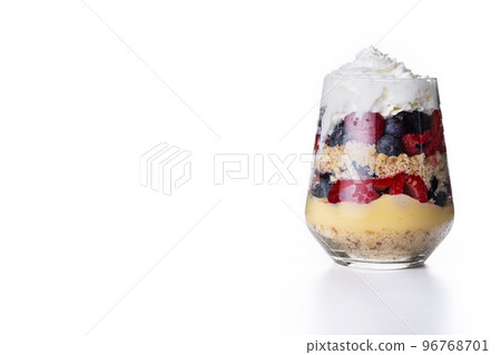 Trifle dessert with berries and cream isolated on white background 96768701