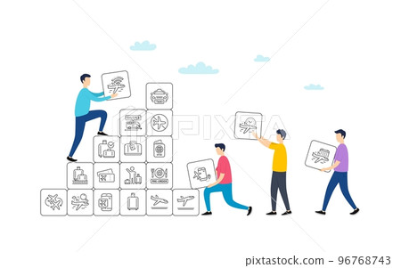 Airport line icons. People team work concept. Boarding pass, Baggage claim, Arrival and Departure. Connecting flight, tickets, pre-order food icons. Vector 96768743