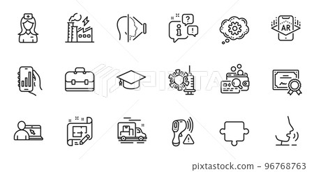 Outline set of Analysis app, Hospital nurse and Graduation cap line icons for web application. Talk, information, delivery truck outline icon. Vector 96768763