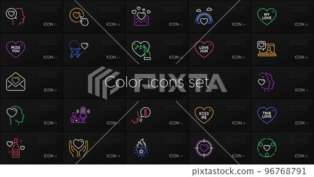Set of Lgbt, Kiss me and Hold heart line icons. Include Friends chat, Valentine target, Love letter icons. Like button, Genders, Friend web elements. Love champagne, Inclusion, Miss you. Vector 96768791
