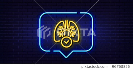Neon light speech bubble. Lungs line icon. Pneumonia disease sign. Respiratory distress symbol. Neon light background. Lungs glow line. Brick wall banner. Vector 96768836