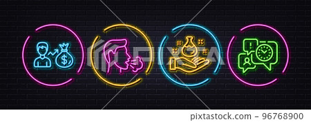 Sallary, Cough and Chemistry lab minimal line icons. Neon laser 3d lights. Time management icons. For web, application, printing. Person earnings, Coronavirus symptom, Laboratory. Office chat. Vector 96768900
