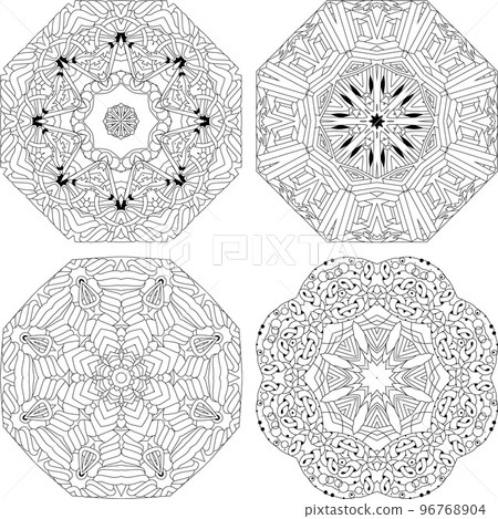 Hand drawn zentangle set of 4 mandalas for coloring page. 96768904