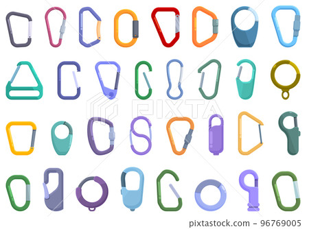 Carbine icons set cartoon vector. Carabine clip. Hook climber Carbine icons set cartoon vector. Carabine clip. Hook climber 96769005