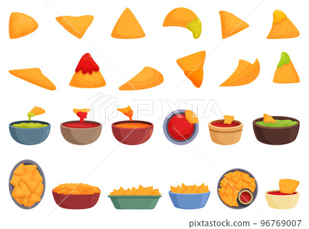 Nachos icons set cartoon vector. Mexican dip. Restaurant food Nachos icons set cartoon vector. Mexican dip. Restaurant food 96769007