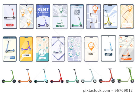 Scooter rental icons set cartoon vector. Electric parking. Charging traffic 96769012