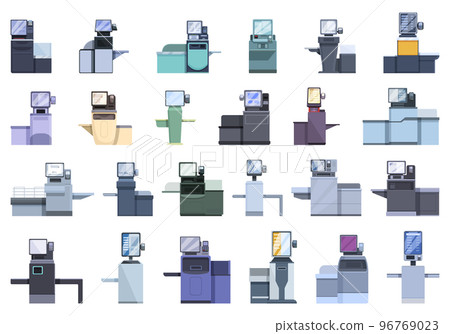 Self-service at the checkout icons set cartoon vector. Cash scan. Cashier terminal Self-service at the checkout icons set cartoon vector. Cash scan. Cashier terminal 96769023