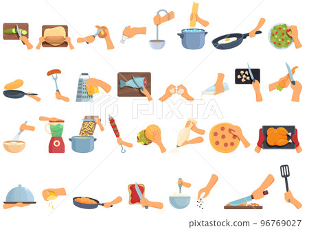 Preparation food icons set cartoon vector. Cook hands. Prepare cut 96769027