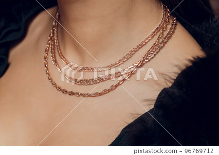Close up Detail of a Beautiful Necklace in Glamour Shot - Image of a beautiful precious piece around model s neck. 96769712