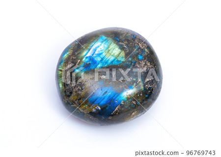 Natural gemstone labradorite isolated on white background. Dark gray labradorite with an inner iridescent glow on a white background 96769743