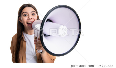 photo of shocked teen girl announcer hold loudspeaker. teen girl announcer with loudspeaker 96770288