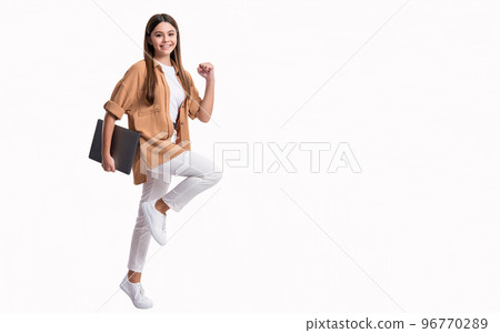 online school education for girl in a hurry. school girl has online education isolated on white 96770289