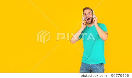 singing guy with bristle listen music on yellow background, modern education 96770406